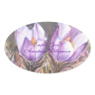 PURPLE CROCUS LOVING EASTER .. OVAL STICKER