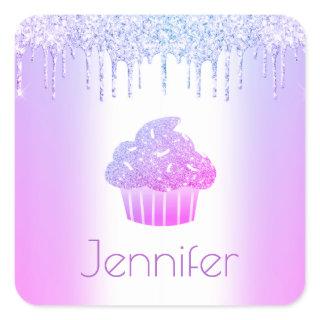 Purple cupcake glitter drips modern girly name  square sticker