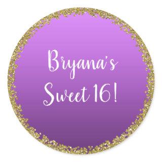 Purple Dipped Gold Glitter Glam Sparkle Party Classic Round Sticker