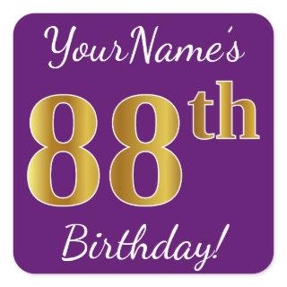 Purple, Faux Gold 88th Birthday + Custom Name Square Sticker