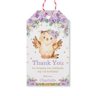 Purple Floral Owl 1st Birthday Party Thank You Gift Tags
