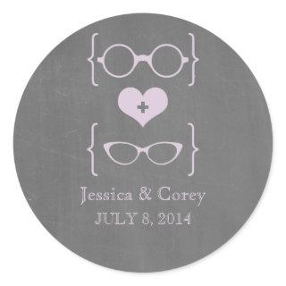 Purple Geeky Glasses Chalkboard Wedding Stickers