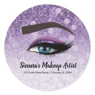 Purple glam lashes eyes | makeup artist classic round sticker