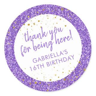 Purple Glitter Confetti Thank You Bday Favor Classic Round Sticker