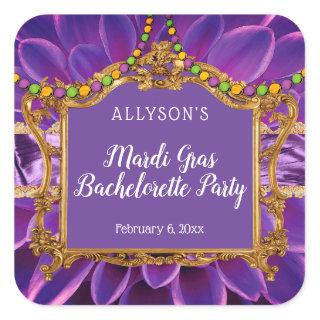 Purple Gold Elegant Mardi Gras Bachelorette Party Square Sticker