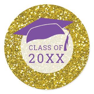 Purple Gold Glitter Graduation Hat Class Of 2022 Classic Round Sticker