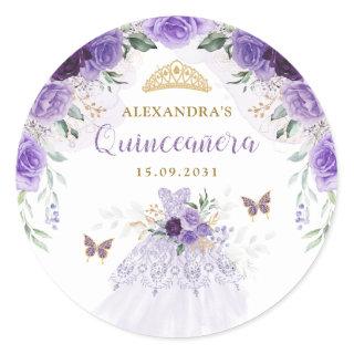 Purple Gold Quinceanera Birthday Party Favors Classic Round Sticker