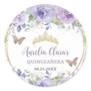 Purple Lilac Floral Quinceañera Crown Butterflies Classic Round Sticker
