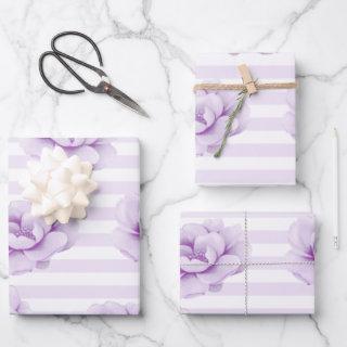 Purple Lilac Floral Stripe  Set of 3