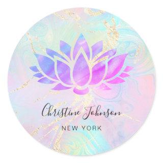 purple lotus logo on faux holographic design classic round sticker