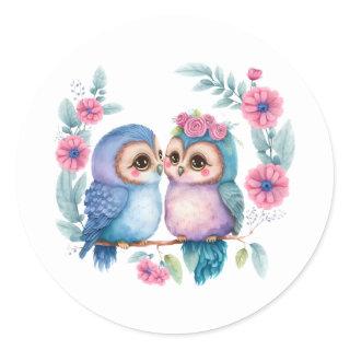 Purple Love Owls: A Cute and Romantic Classic Round Sticker