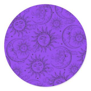 Purple Magic Vintage Celestial Sun Moon Stars Classic Round Sticker
