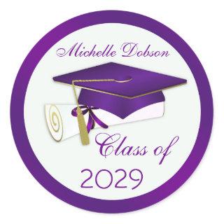 Purple mortar, diploma Graduation Classic Round Sticker