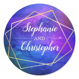 Purple Nebula Celestial Art Geometric Gold Wedding Classic Round Sticker