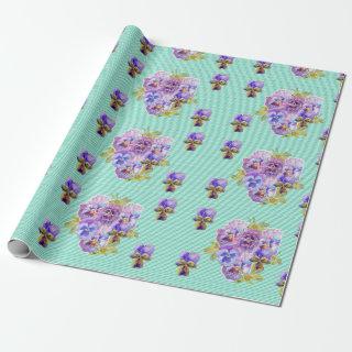 Purple Pansy flowers floral Aqua Stripe Wrapping