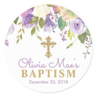 Purple Peonies Girl Baptism Favor Tag Stickers