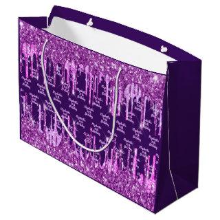 Purple pink glitter drips name birthday large gift bag