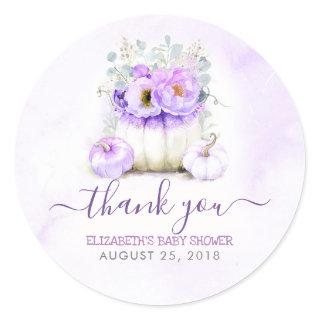 Purple Pumpkins Floral Fall Baby Shower Thank You Classic Round Sticker
