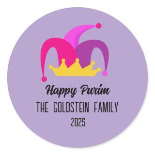 Purple Purim Clown Hat Family Name  Classic Round Sticker