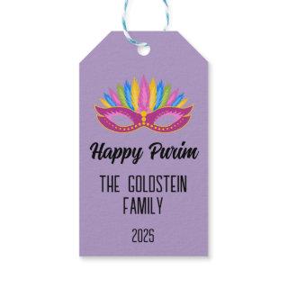 Purple Purim Mask with Feathers Family Name Gift Tags