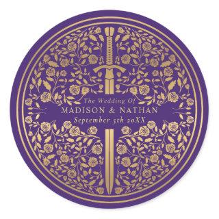 Purple Royal Medieval Sword Wedding Classic Round Sticker