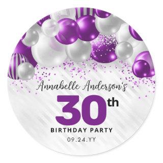 Purple Silver Balloon Glitter Glam Favor Birthday Classic Round Sticker