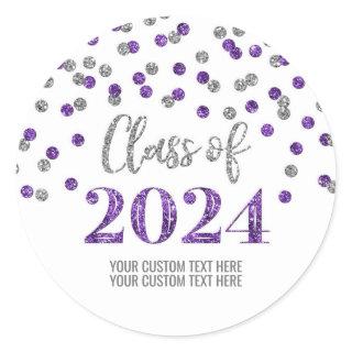 Purple Silver Confetti Graduation 2024 Classic Round Sticker