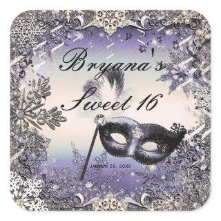 Purple & Silver Masquerade & Winter Snowflakes Square Sticker