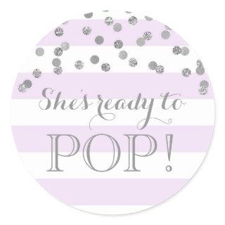 Purple Stripes Silver Confetti She's Ready to Pop Classic Round Sticker