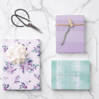 Purple & Teal Watercolor Floral and Subtle Stripes  Sheets