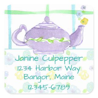 Purple Teapot Return Address Custom Name Square Sticker