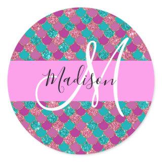 Purple Turquoise Mermaid Glitter Sparkles Monogram Classic Round Sticker