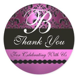 PURPLE VIOLET BLACK DAMASK MONOGRAM CLASSIC ROUND STICKER