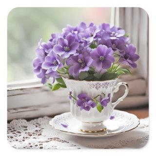 Purple Violets In Old Teacup Square Sticker
