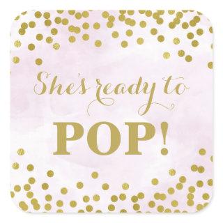 Purple Watercolor Gold Confetti She's Ready to Pop Square Sticker