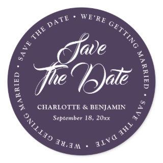 Purple We Are Getting Married Save The Date Classic Round Sticker