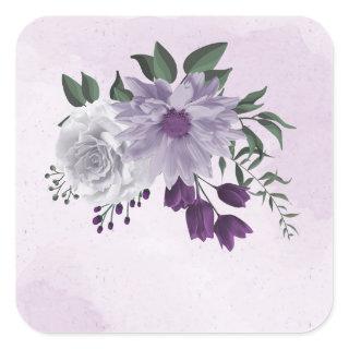 purple & white floral greenery wedding square sticker