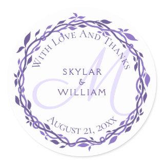 Purple Woodsy Wedding Monogram Love And Thanks Classic Round Sticker