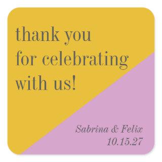 Purple Yellow Modern Custom Wedding Thank You Square Sticker