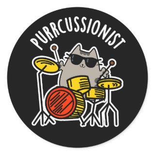 Purr-cussionist Funny Drummer Cat Pun Dark BG Classic Round Sticker