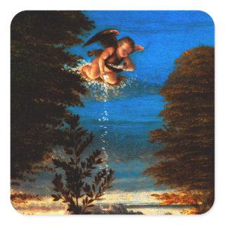 Putto In Blue Sky Pours a Cascade of White Flowers Square Sticker