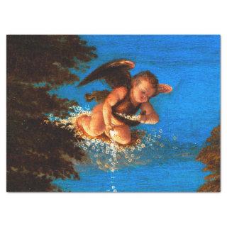 Putto In Blue Sky Pours a Cascade of White Flowers Tissue Paper