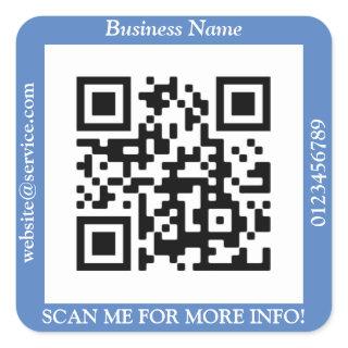 QR Code Bus. Name Website Promo, Blue Square Sticker