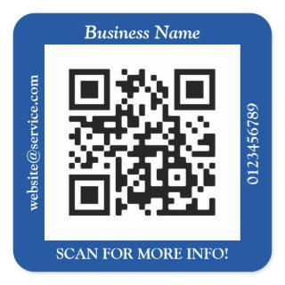 QR Code Bus. Name Website Promo, Deep Blue Square Sticker