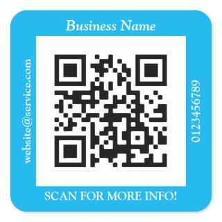 QR Code Bus. Name Website Promo, Sky Blue Square Sticker