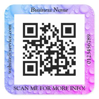 QR Code Bus. Name Website Promo, Water Droplets Square Sticker