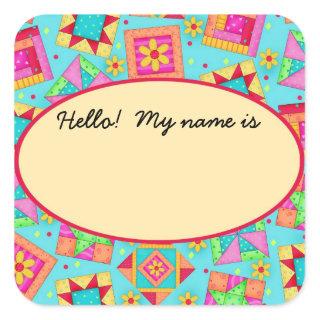 Quilt Blocks Turquoise Name Tag or Label