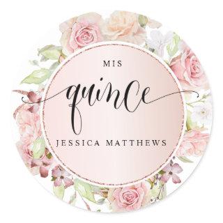 Quince, Spanish, Pink, Blush Rose Gold Floral Classic Round Sticker