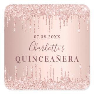 Quinceanera birthday rose gold glitter monogram square sticker