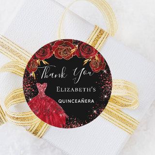 Quinceanera black red dress florals Thank You  Classic Round Sticker